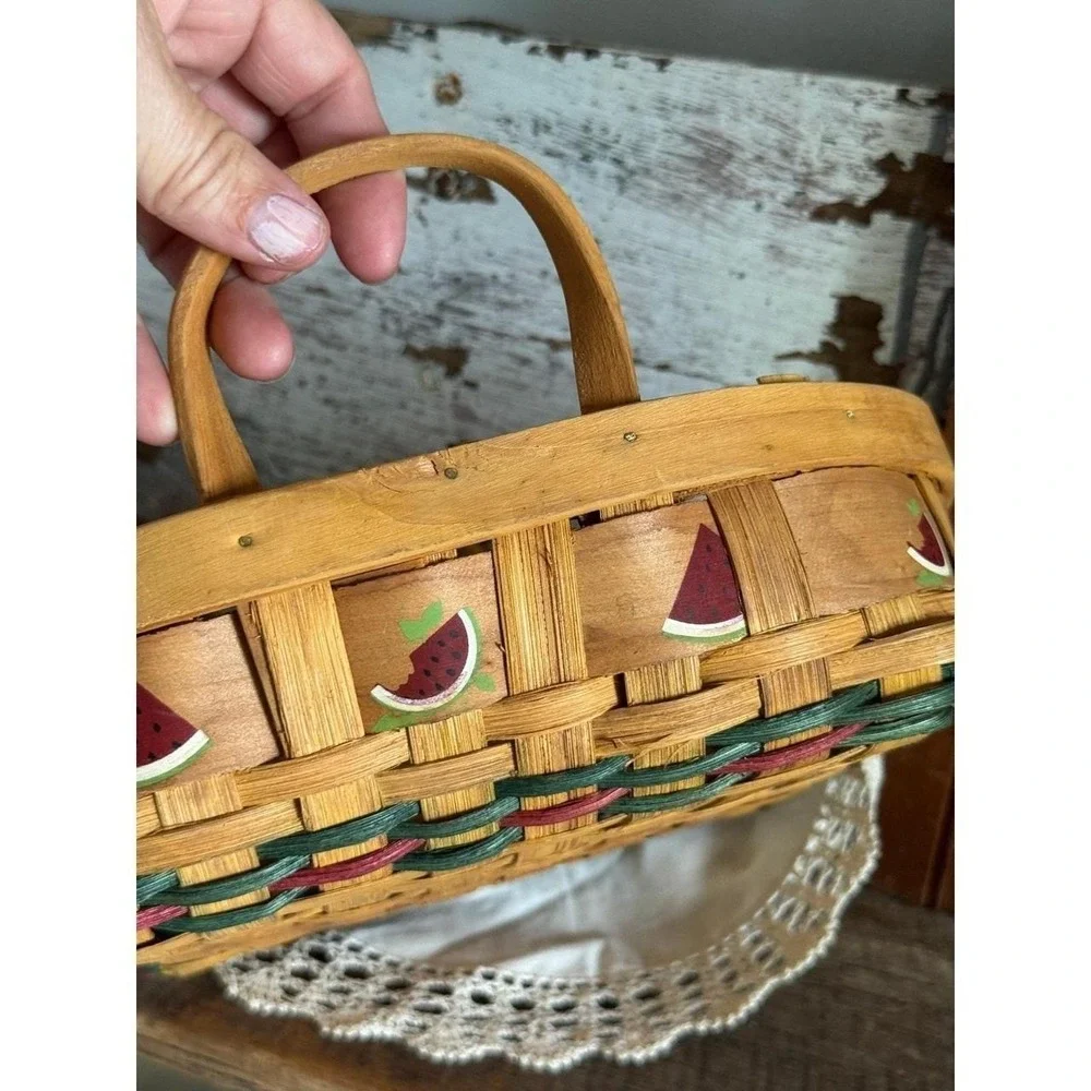 Hand Painted Watermelon Woven Wood Basket Square Farmhouse Decor 11x11